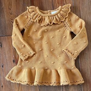 CYNTHIA ROWLEY 6-9M Baby Mustard Knit Popcorn Sweater Ruffle Dress